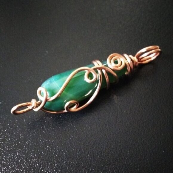 🍂🍁🍃 3/$25! Copper Wire Wrapped Green Agate Teardrop Pendant! Handmade! - Picture 1 of 8